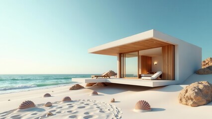 Fototapeta premium Serene Coastal Minimalist Modern Beach House Retreat with Ocean View and Seashells