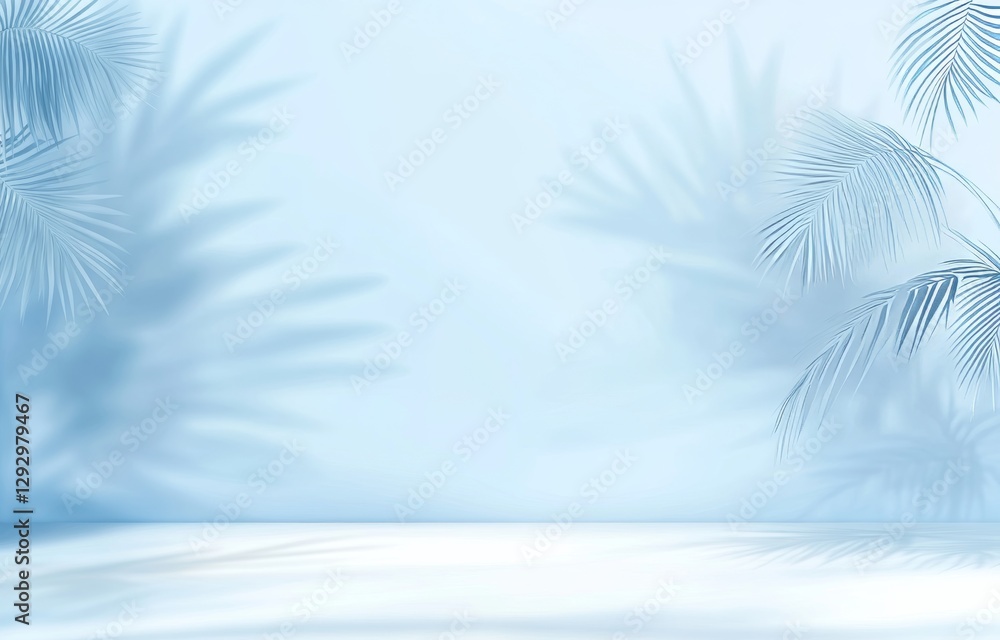 Poster the light blue wall features a blurred shadow of palm leaves, forming a simple and abstract backgrou