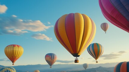 Obraz premium A group of hot air balloons float against a backdrop of towering mountains and drifting clouds