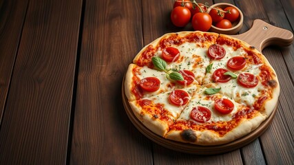 Freshly baked pizza with gooey cheese and toppings on a wooden pizza peel, delicious, cooked