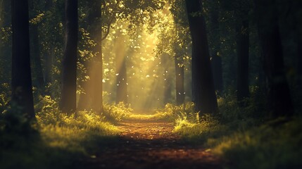 Naklejka premium Sunlit path through a mystical forest.