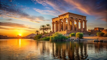Fototapeta premium Temple ruins at sunset with Nile River flowing gently, Nile River, Philae Temple, Nile River