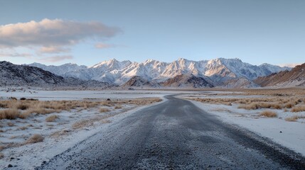 Fototapeta premium Snowy Mountain Road, Winter Landscape, Serenity, Travel Destination