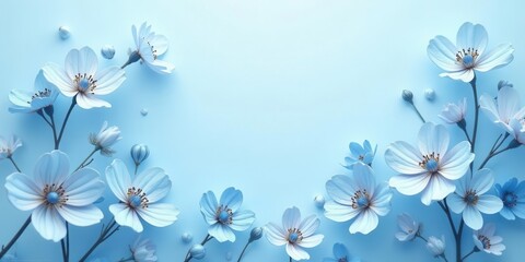 Serene Pastel Blue Floral Arrangement on a Light Blue Background A Delicate Display of Springtime Blossoms