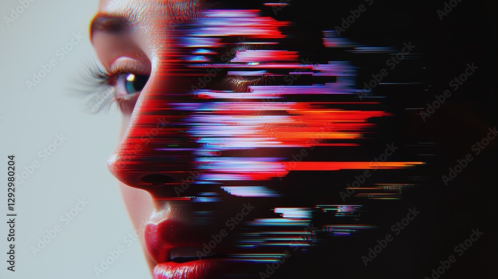 Poster artificially generated human faces melting into neural noise, surreal ai errors creating abstract gh