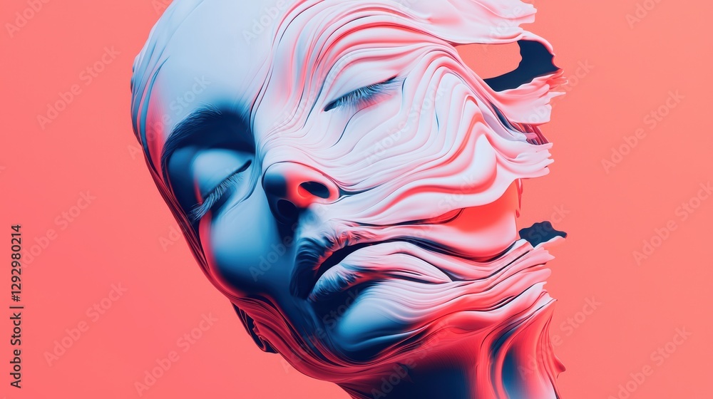 Poster artificially generated human faces melting into neural noise, surreal ai errors creating abstract gh