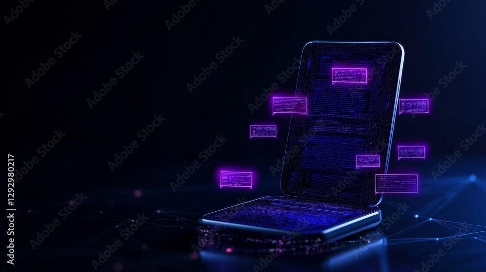 Poster sleek and innovative interface showcasing futuristic device with glowing messages. design emphasizes