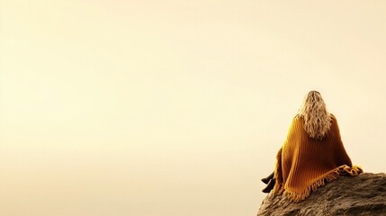   A person is sitting on a rock, covered in a yellow blanket with a second one draped over their head