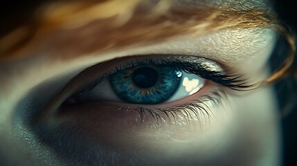 Close-up eye, blue iris, soft light, portrait