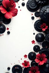 Obraz premium A Striking Composition of Crimson Blossoms and Matte Black Discs Arranged on a Pristine White Surface