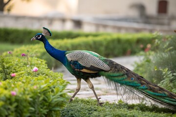 Naklejka premium Minimalistic photo of a peacock walking through a lush garden, extreme close-up capturing the intricate patterns on its feathers, softly blurred background.