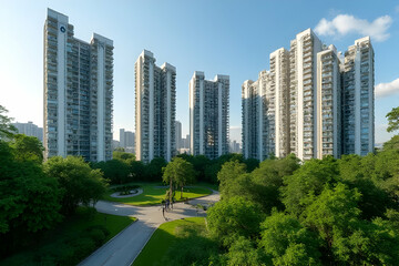 Fototapeta premium Modern Residential High-Rise Buildings Surrounded by Lush Green Landscape in a Sunny Urban Park Setting