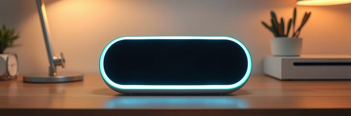 Futuristic smart home device with glowing LED indicator on minimalist desk, background, indicator