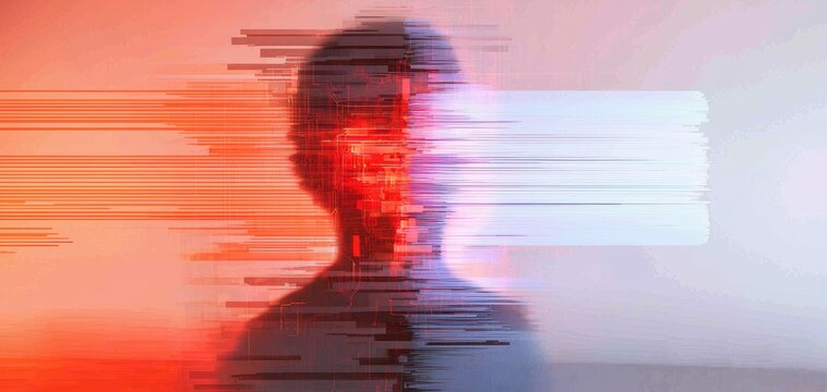 Distorted holographic projection glitching in shifting colors, forming an abstract surreal vision of neon cybernetic interference
