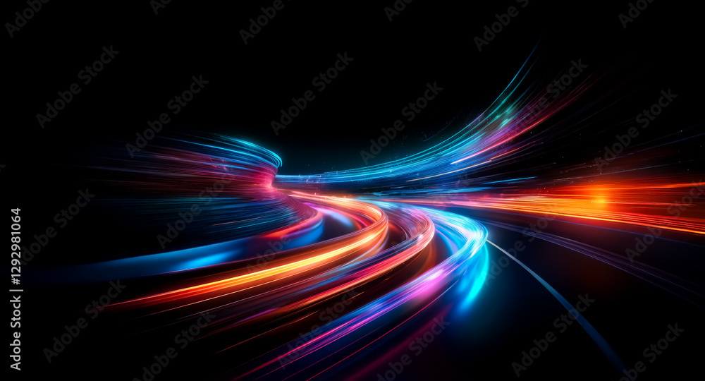 Poster abstract image featuring dynamic, swirling light trails in vivid blue, orange, and red hues against 
