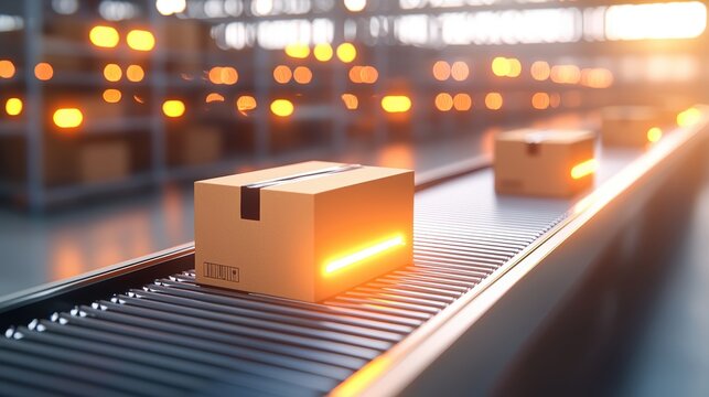 A conveyor belt transports cardboard boxes in a well-lit warehouse, showcasing an efficient logistics and shipping environment.cargo management warehouse scheduling