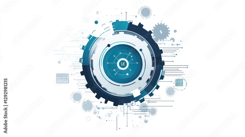 Poster abstract digital technology gears, circuits, and cogs in a circular design.