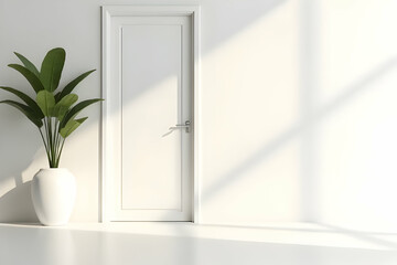 Bright Minimalist Interior with White Door and Decorative Plant Casting Shadows in a Serene Space