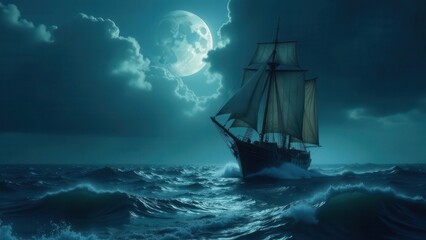 Fototapeta premium A majestic sailing vessel navigates a tempestuous ocean under the radiant glow of a full moon, a breathtaking scene of nautical adventure and maritime exploration.