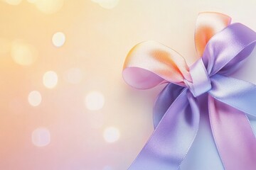 Soft Silk Ribbon: A close-up shot showcases a delicate silk ribbon in gradient hues of purple and peach, its graceful bow adding a touch of elegance against a softly blurred, bokeh-filled backdrop.
