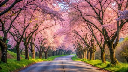 Soft pink cherry blossoms line a winding road surrounded by tall trees and lush greenery in a serene natural setting , blooming cherry blossoms, nature scenery