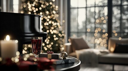   A wine glass perched atop a Christmas tree, with a glowing tree in the backdrop