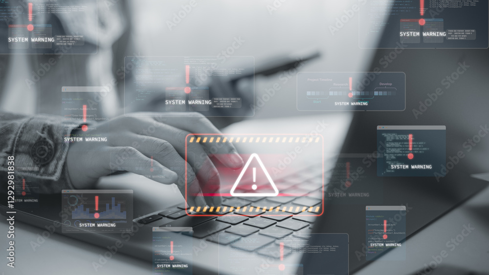 Poster businessmen with a red cybersecurity threat alert, surrounded by digital files and documents. warnin