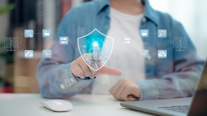 Cyber security and data protection on internet. Person touching virtual shield, secure access,...