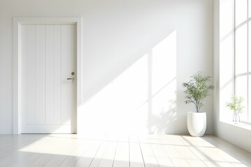 Bright and Airy Minimalist Room with Large Window and Potted Plant in Modern White Interior Design