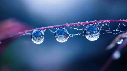 A macro photograph of dew drops clinging to a spiderweb in the morning light, highlighting the beauty and delicacy of water in nature.