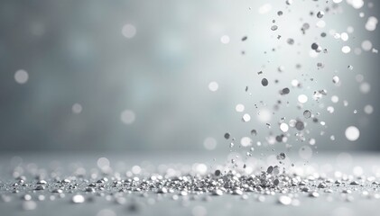 Glittering silver confetti falling on gray background, stars, decor, festivity