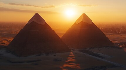 Two Egyptian Pyramids Sit Underneath A Golden Sunset