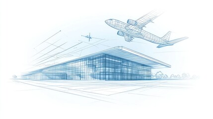 Architectural blueprint of an airport terminal with airplane in flight.