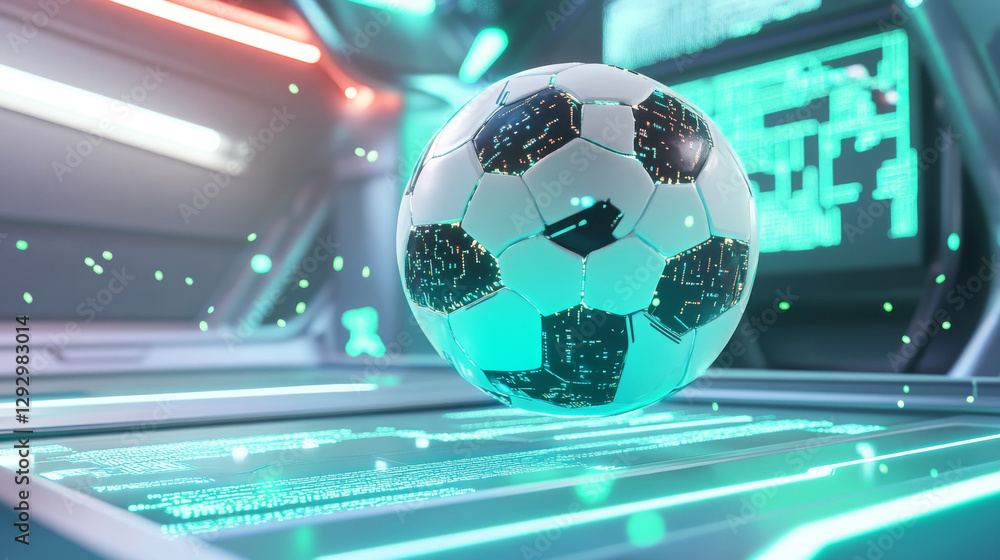Poster dynamic and futuristic soccer ball floating in high tech environment, showcasing vibrant colors and 