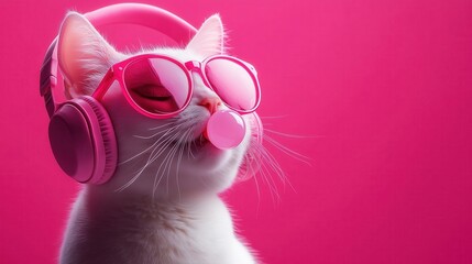 Naklejka premium White cat listening to music with pink headphones and sunglasses blowing bubble gum on pink background