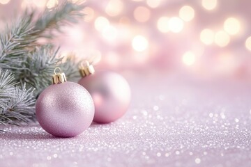 Obraz premium Serene Holiday Ornaments: A pair of soft pink ornaments, delicately placed near a frosted evergreen branch, sparkle under a warm, dreamy light. A scene of holiday magic and elegance.