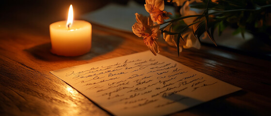 handwritten love letter on desk with candle and flowers, creating warm atmosphere