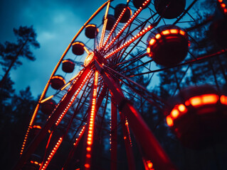 low angle view of vibrant ferris wheel illuminated with red lights against moody sky, creating captivating atmosphere