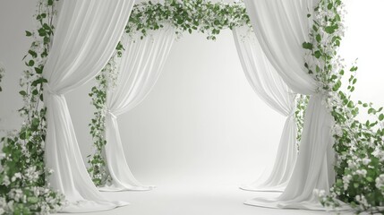 A wedding arch adorned with white drapes and delicate greenery