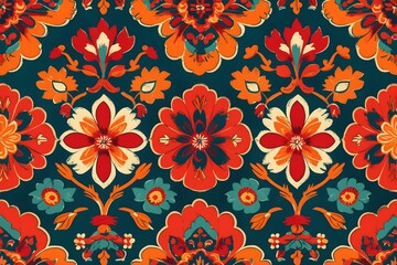 Fototapeta premium Vibrant Floral Damask Seamless Pattern with Rich Teal Background, Bold Orange and Red Blooms, Symmetrical Design, Ideal for Textile Prints