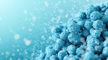Close up of blue exosome particles with bubbles in soft background, showcasing intricate details and textures. image evokes sense of scientific exploration and discovery