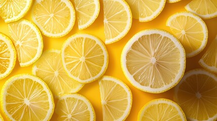 Thin slices of lemon arranged in an overlapping pattern, revealing the intricate details of the fruit flesh and seeds, ideal for food and beverage photography.
