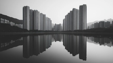 Urban lake reflection, cityscape, tranquil morning, Asian city, real estate