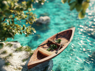 Obraz premium wooden kayak resting on rocky shore by clear turquoise water, surrounded by greenery