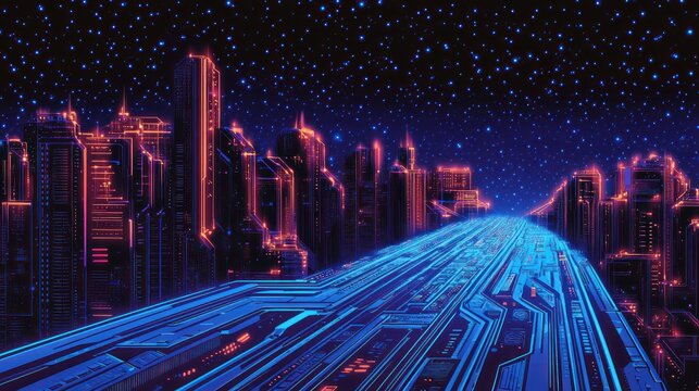 Futuristic city highway, night, stars, digital road, tech background, website banner