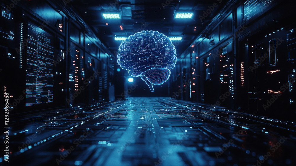 Poster digital brain hovers in futuristic corridor filled with circuits and lights, symbolizing advanced te