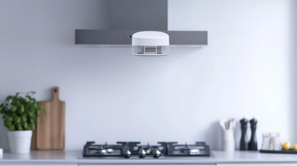 Carbon monoxide alarm in a kitchen above an electric stove. Featuring proactive safety measures and peace of mind