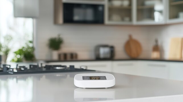 Carbon monoxide alarm in a kitchen above an electric stove. Featuring proactive safety measures and peace of mind