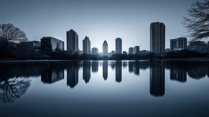 Obraz premium City skyline reflected in calm lake at dawn