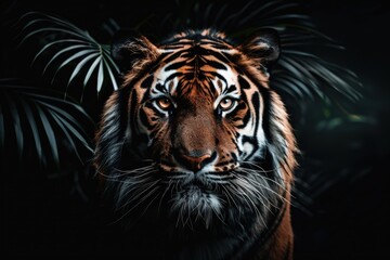 Fototapeta premium A striking image of a tiger with intense gaze, surrounded by lush green foliage in a dark setting, showcasing its majestic beauty and powerful presence.